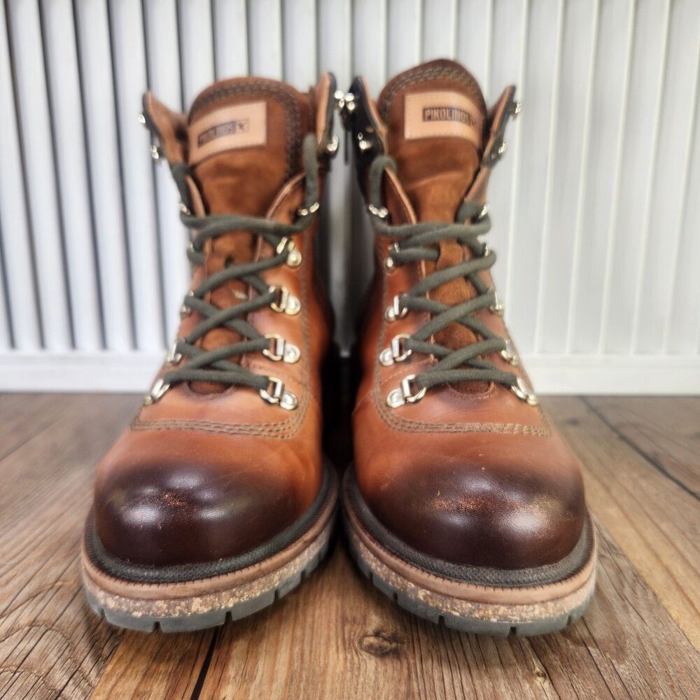 Pikolinos Aspe Ankle Boots Womens Sz 9.5 Brown Leather Lace Up Hikers Side Zip - Picture 2 of 11